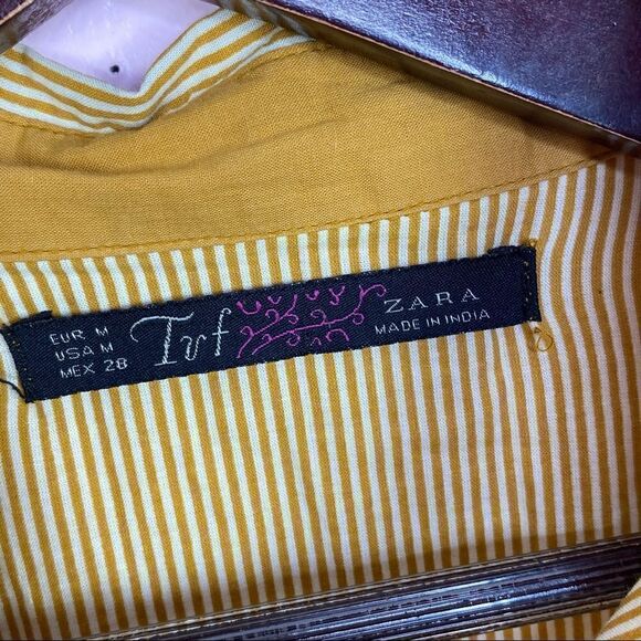 Zara TRF Button Front Shirt Striped Elbow Patches Medium Yellow White Oxford - Picture 9 of 9